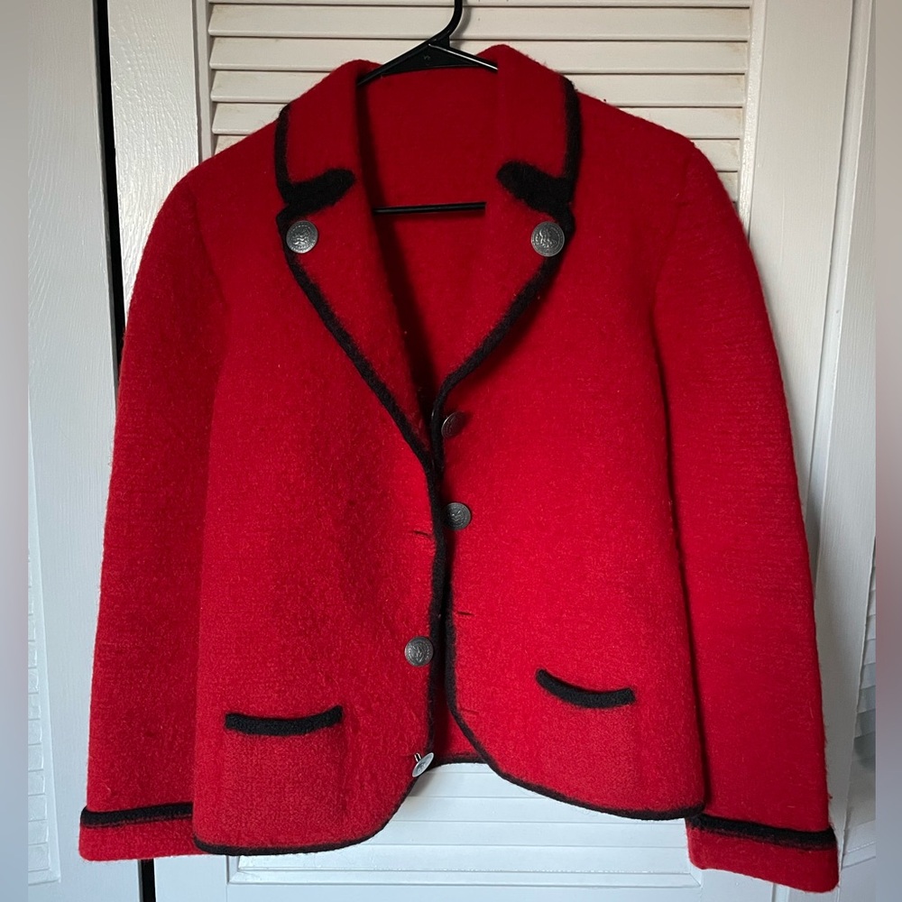 Vintage 60s Austrian Maria Theresa Buttons Red Boiled Wool Women's Jacket